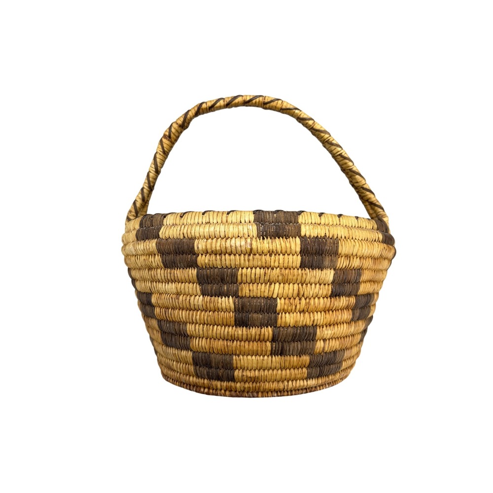 Vintage Tohono O'odham Papago Basket w/ Handle Woven Checkered Coiled
